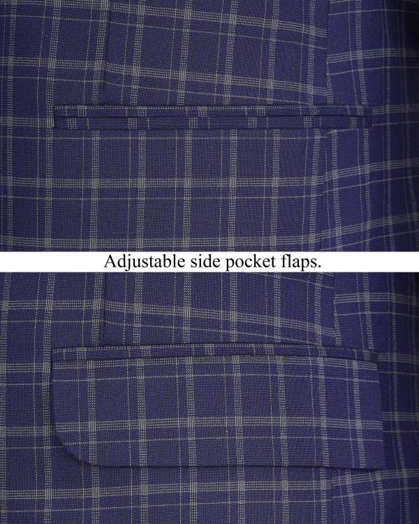 Mulled Wine Blue With Casper Gray Checkered Cross Placket Bandhgala Blazer Online Hot Sale - Image 5