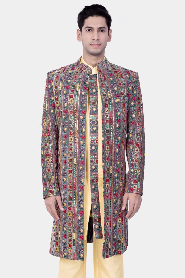 Fedora Gray and Carmine Pink Thread and Sequin Embroidered with Mirrorwork Designer Indo-Western Online - Image 5