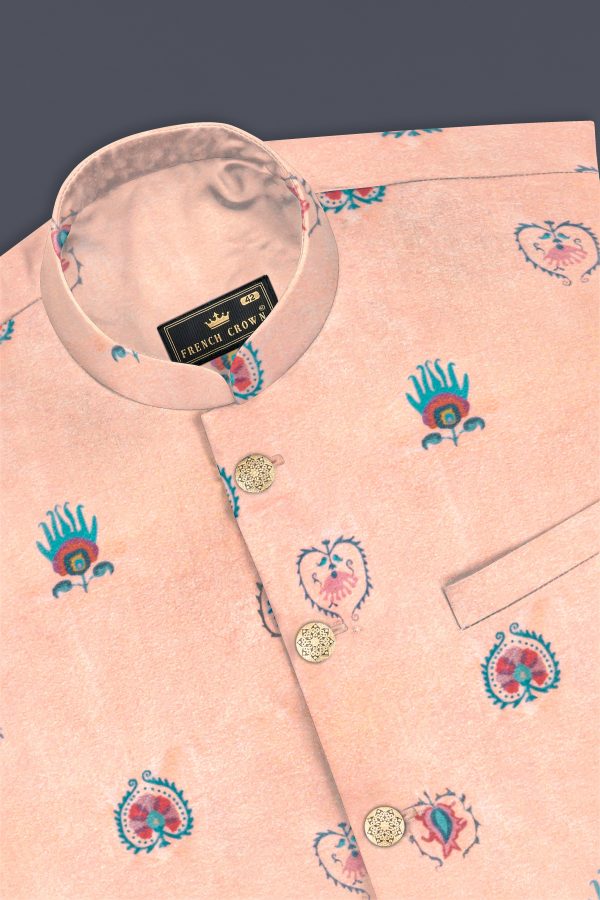 Spanish Peach And Glacier Blue Velvet Printed Designer Nehru Jacket Online Sale - Image 4