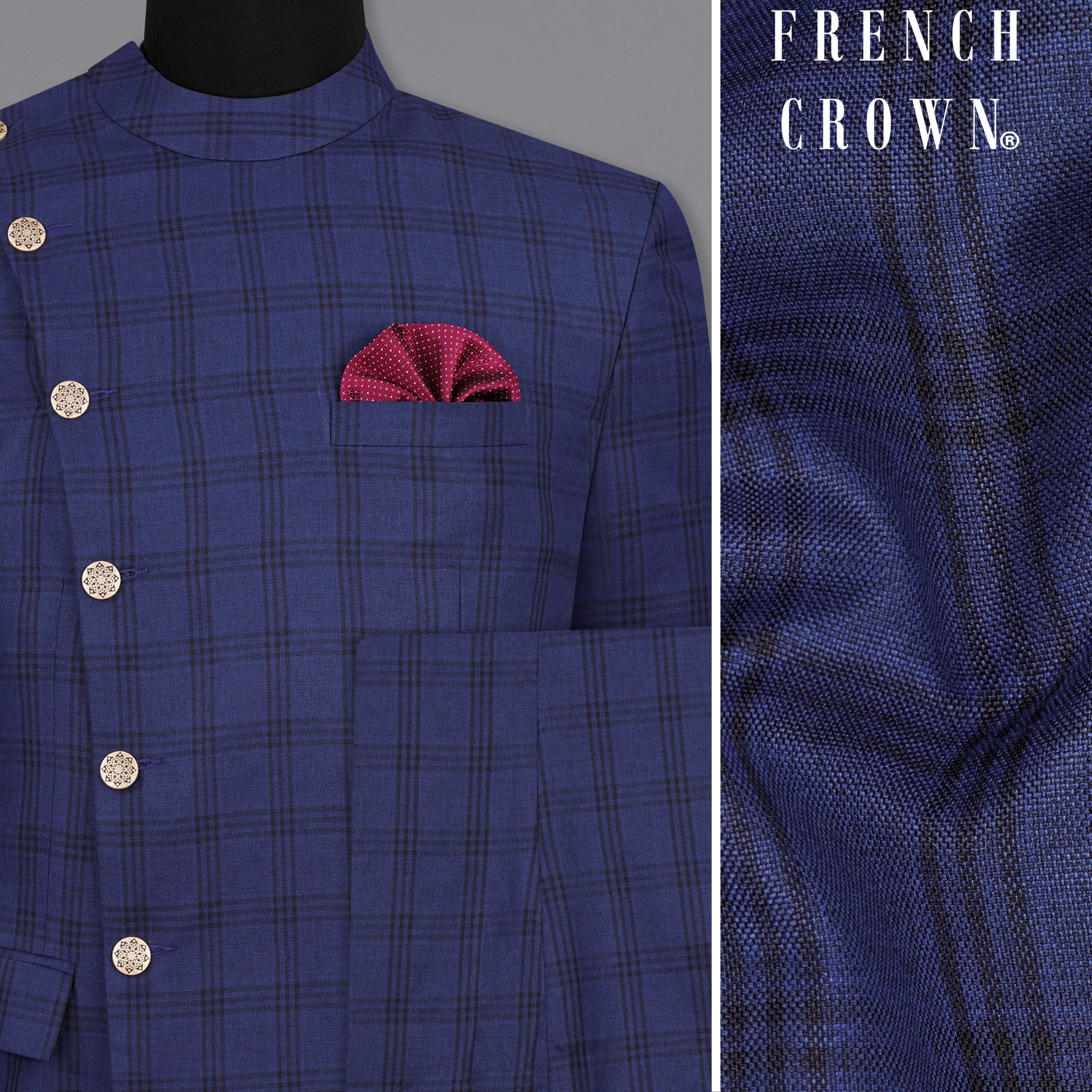 Cloud Burst Blue With Black Plaid Cross Placket Bandhgala Suit Cheap
