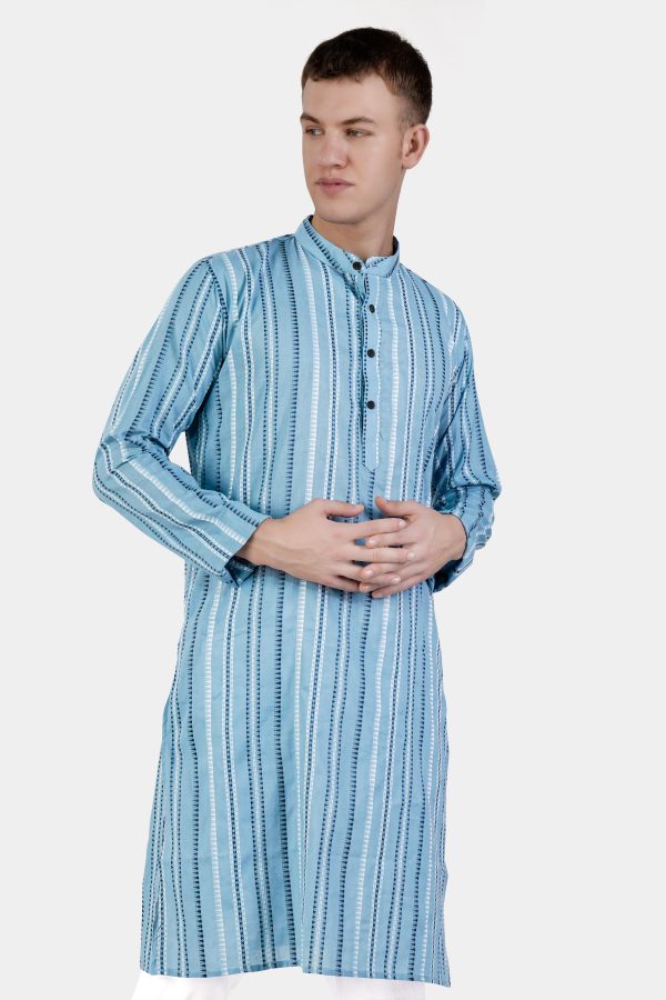 Glacier Blue Dobby Textured Premium Giza Cotton Kurta Set For Sale - Image 5