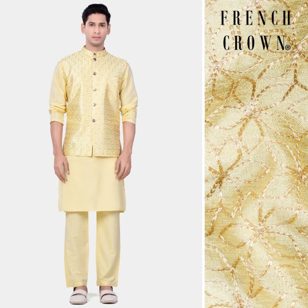 Hampton Yellow Kurta Set With Blond Yellow Flower Embroidered Nehru Jacket Sale