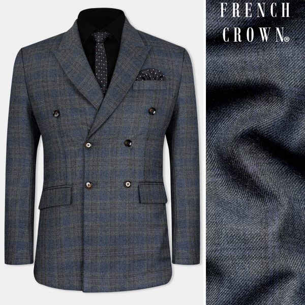 Ebony Clay Blue and Gravel Gray Plaid Tweed Double Breasted Blazer For Cheap