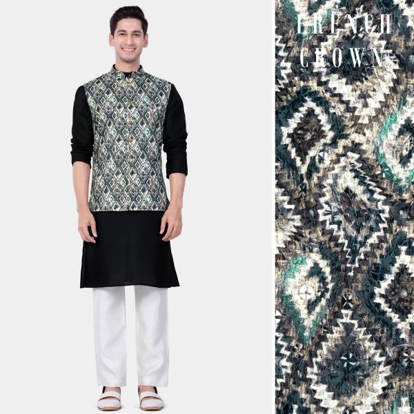 Jade Black Kurta Set With Abbey Gray And Outer Space Blue Designer Embroidered Nehru Jacket For Sale