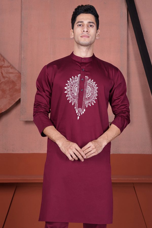 Merlot Maroon Alpana Art Hand Painted Subtle Sheen Super Soft Premium Designer Kurta Online Sale - Image 5