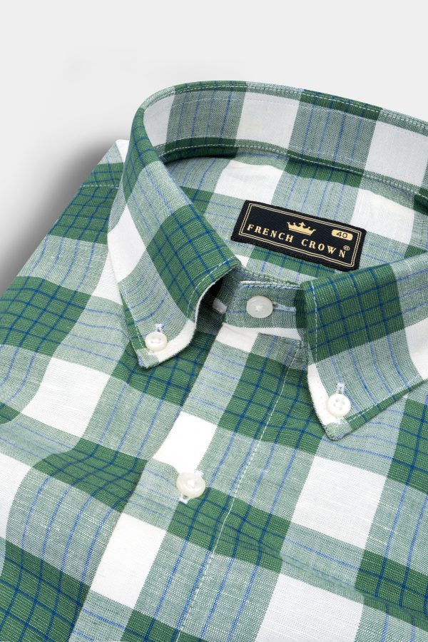 Pine Green and Pumice Gray Checkered Luxurious Linen Shirt Online now