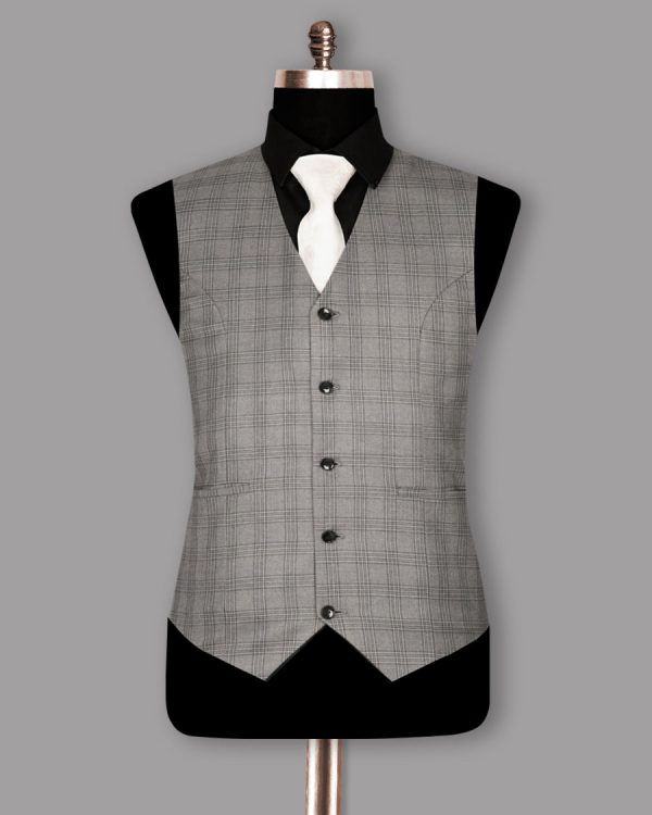 Cloudy Grey Tonal Checked Wool Blend Waistcoat Fashion - Image 4
