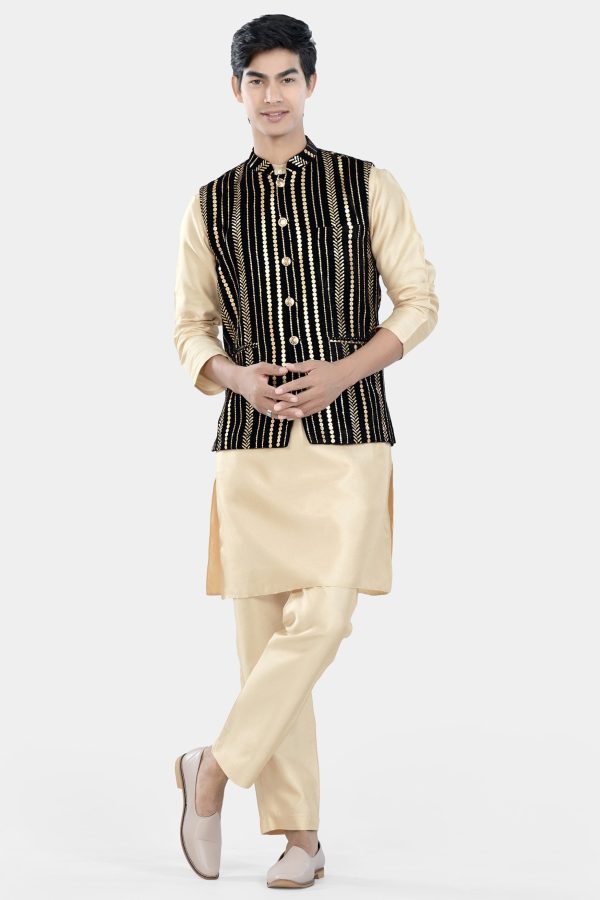 Almond Brown Kurta Set with Jade Black Vertical Sequin Embroidered Designer Nehru Jacket Online - Image 2