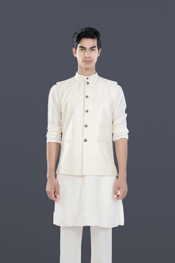 Bright White Trellis Sequin and Thread Embroidered Designer Nehru Jacket Sale - Image 4