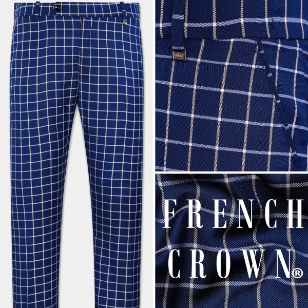 Marine Blue and White Windowpane Wool Rich Stretchable Waistband Pant For Sale